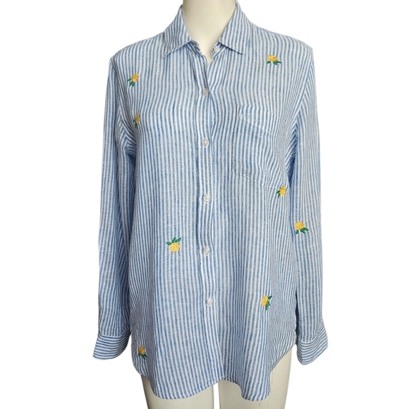 RAILS Womens Top XS Shirt Button-Up CHARLI YELLOW ROSES Blue Stripe Linen Blend - Picture 1 of 12